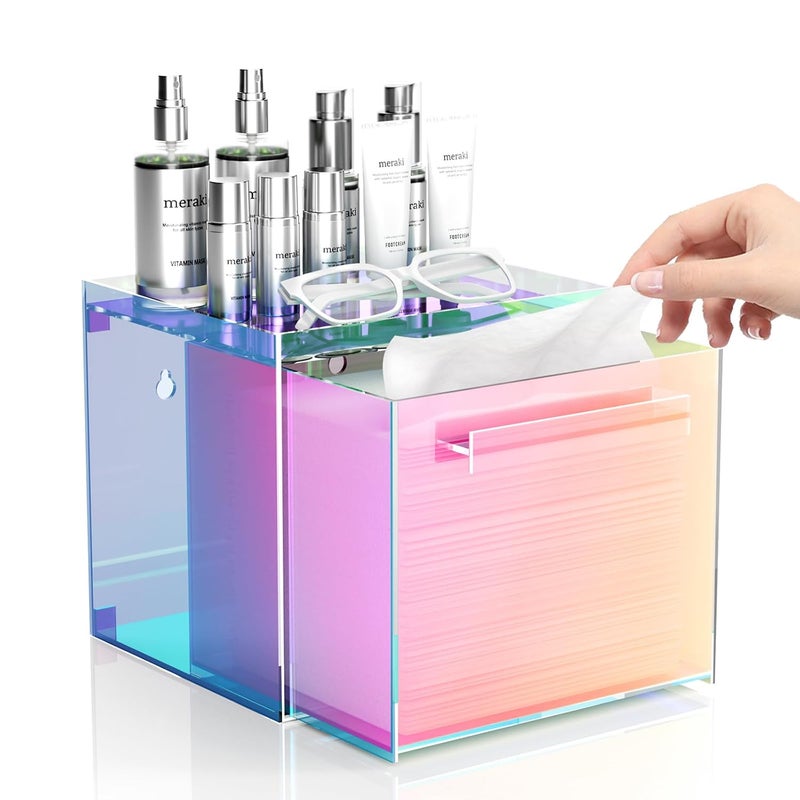 TAINESS Rainbow Disposable Facial Towels Storage Box Acrylic Container Compatible with Clean Skin Club Clean Towel XL Wall-Mounted Face Towel Organizer with Drawer(Excluding Facial Towels) - Image 1